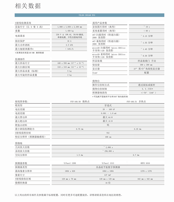YXLON COUGAR EVO離線X-RAY技術參數(shù)：